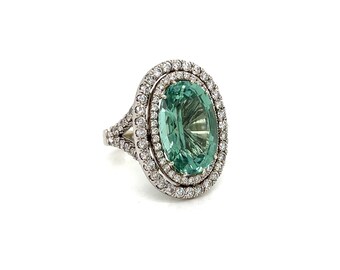 Oval 9.54 Carat Blue Green Tourmaline and Diamond Ring