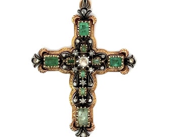 Victorian Diamond and Emerald Cross Pendant