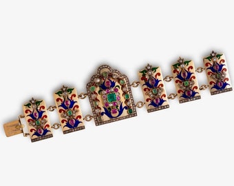 Diamond, Emerald and Ruby Polychrome Enamel and 18k Gold Vintage Bracelet