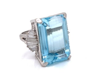 Estate 34.59 Carat Aquamarine and Diamond Platinum Ring