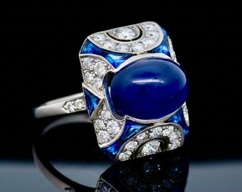 Anillo Art Déco de 5,30 ct con zafiro (Gia), diamantes y platino sin tratamiento térmico