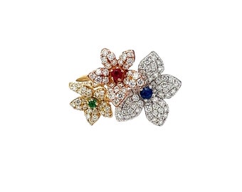 Emerald, Ruby, Sapphire and Diamond Flower Ring
