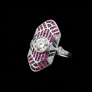 Geometric Design Diamond, Ruby, Sapphire Platinum Ring