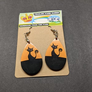 Black Cat in Moonlight Handmade Wood Earrings by Jolene Sugarbaker