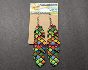 Feather Rainbow Scales Handmade Wood Earrings by Jolene Sugarbaker