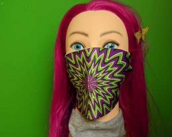 Optical Illusion Purple Green Energy Trippy Face Mask Washable Polyester Cover USA Made