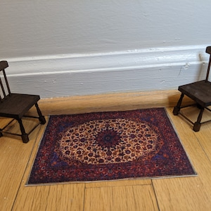 Oval Red and Blue Floral Dollhouse Persian Rug Illusion 1:12 Scale Handmade Miniature Mini Carpet for Doll House