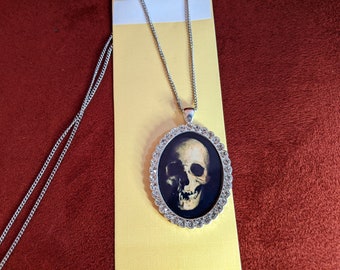 Skull Skeleton Bling Oval Necklace Spooky Haunted Witch Pendant Jewelry