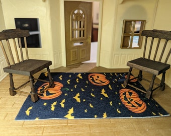 Haunted Pumpkin Bat Doll House Rug Illusion 1:12 Scale Handmade Miniature Carpet for DollHouse