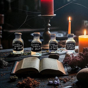 May include: A mystical scene featuring lit candles, glass bottles labeled "Eclipse Water," and an open book on a dark wooden table. The bottles have cork stoppers and black labels. Various herbs and crystals are scattered around the book, creating a magical atmosphere.
