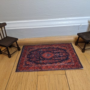 Red and Blue Regal Dollhouse Persian Rug Illusion 1:12 Scale Handmade Miniature Mini Carpet for Doll House