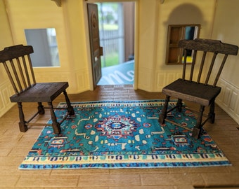 Blue Aztec Inspired Dollhouse Persian Rug Illusion 1:12 Scale Handmade Miniature Mini Carpet for Doll House