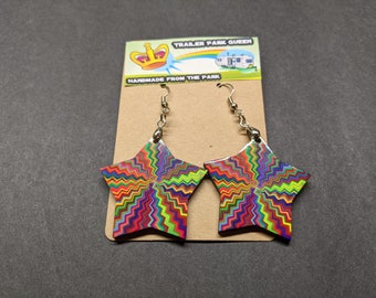 Rainbow Energy Stars Handmade Wood Earrings by Jolene Sugarbaker