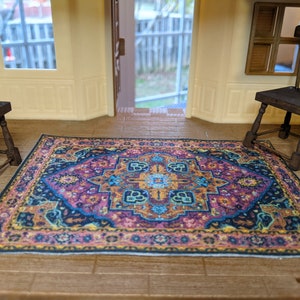 Vibrant Peru Inspired Dollhouse Persian Rug Illusion 1:12 Scale Handmade Miniature Mini Carpet for Doll House