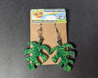 Banana Leaves Green Pattern Handmade Wood Earrings by Jolene Sugarbaker