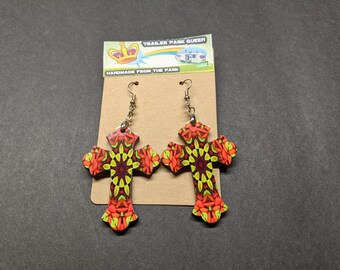 Red And Green Synergy Cross Handmade Wood Earrings by Jolene Sugarbaker