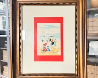 Vintage Urbain Huchet Lithograph: French Seascape, Framed & Matted