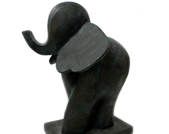 Vintage MCM Elephant in Dark Teal and Black Molded Porcelain or Resin Statue or Sculpture - FREE SHIPPING