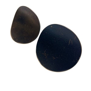 May include: Two black, round, smooth, guitar picks with a slightly oval shape. The picks have a worn, textured surface.