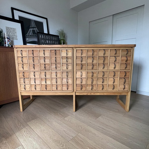 RARE Vintage MCM Lateral 60 Drawer Library Card Catalog - Solid White Oak Industrial Architectural Cabinet FREE Shipping!