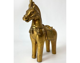 Rare Vintage MCM Japanese Haniwa Style Caparisoned Gilt Brass and Porcelain Horse - FREE SHIPPING