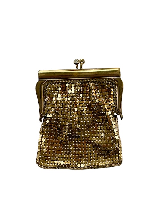 Vintage Shimmery Gold Metal Mesh Coin Purse w Rhi… - image 1