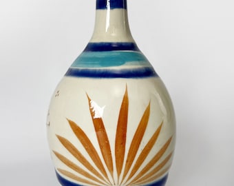 Vintage 1980s Tonala Mexico Pottery Vase or Pitcher - Flower and Agave Design - Signed by Artist - FREE SHIPPING
