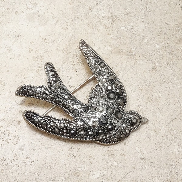 Vintage Marcasite Bird Brooch / Silver Colored  Metal Pin Brooch / Raised Metal Brooch / Dove or Sparrow Pin