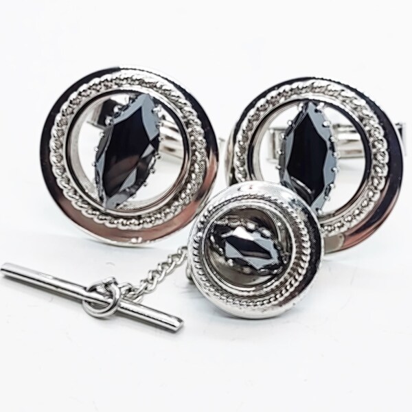 Senator Marquise Black Onyx Round Etched Silver Cufflinks and Tie Tac Set / Circle Roped Designer Cuff Links / Gentle Used