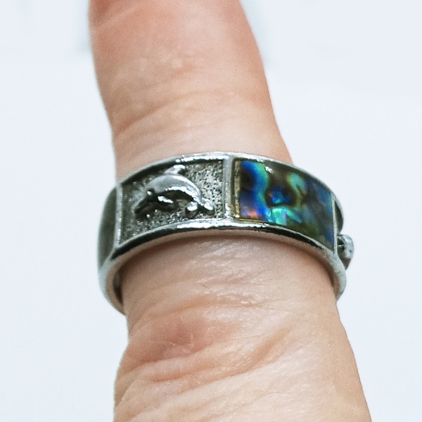 Dolphin and Abalone Silver tone Costume Ring / Size 8.5 Chunky Ring / Woman's  Ring / Fashion Ring