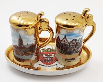 Vintage Alemania Cerveza Stein Salt and Pepper Shakers, TDK Kunst-Palette Regnitzlosau, 3 piezas de utensilios de cocina S&P Shaker Set