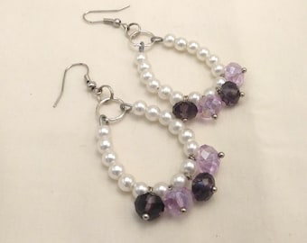 Hand crafted Faux Pearl and Purple dangle earrings, long earrings, faceted bead earrings