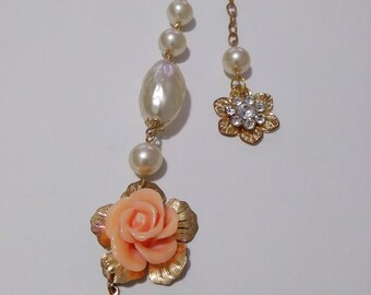 Flower and Faux Pearl Gold tone Jeweled Bookmark / Fancy Book Mark / Beaded Bookmark / Artisan Made Fancy Book Mark