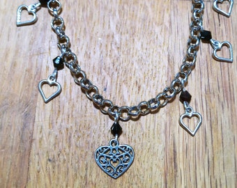Hand Crafted Hearts Charm Bracelet /Love and Friendship Bracelet / Silver tone Filigree Heart Charm / Silver tone Chain
