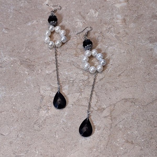 Hand Crafted Pearl and Faceted Black Bead Dangle Earrings, Woman's Shoulder Duster Dangling Earrings, Long Artisan Made Earrings