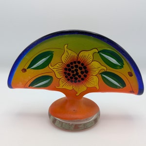Mund geblasen Kunst Glas Serviettenhalter, Handgemalte Sonnenblume, Mexiko, Tisch Ware, Küchen Ware, Vintage Sammlerstücke