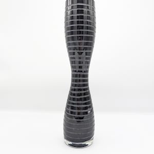 Hand Blown Carved Black Cased Linear Cut Glass Vase, Amethyst Glass, Hour Glass Shape, Home Décor
