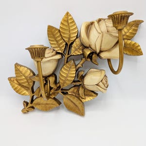 Vintage Siroco Hollywood Regency Wandleuchte: Gold Rosen Doppel-Kerzenhalter