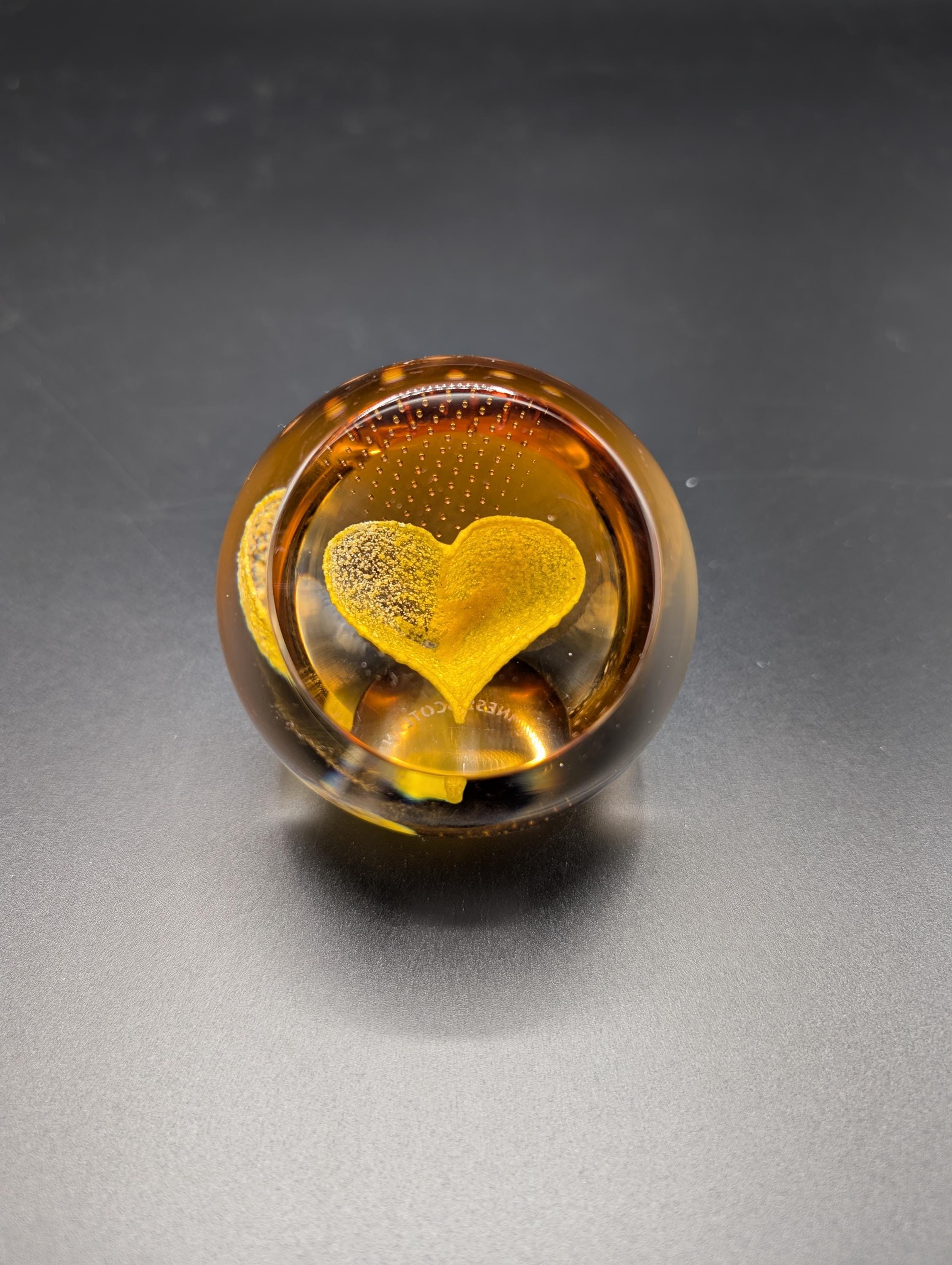 Caithness Scotland Amber Glass Heart Paper Weight, Hand Blown Glass, Controlled Bubble, Signed Collectible Art Glass