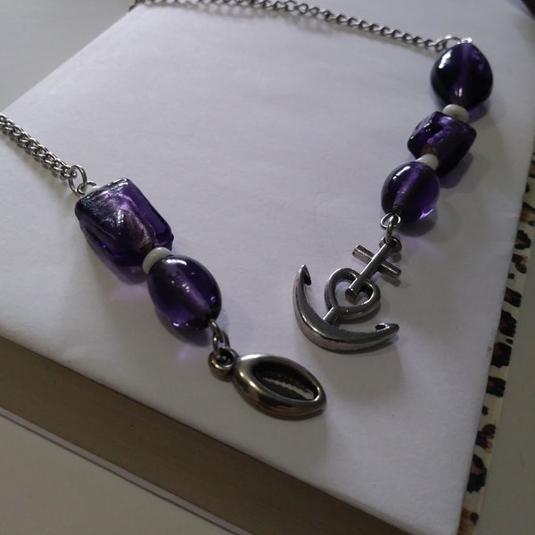 Sea Inspired Jeweled Bookmark / Anchor & Shell Purple Glass Jeweled Bookmark / Fancy Book Mark / Beaded Bookmark / Artisan Made