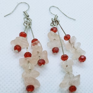 Hand Crafted Rose Quartz and Faceted Red Bead Charm Dangle Earrings / Woman's Dangling Earrings / Artisan Made Long Earrings