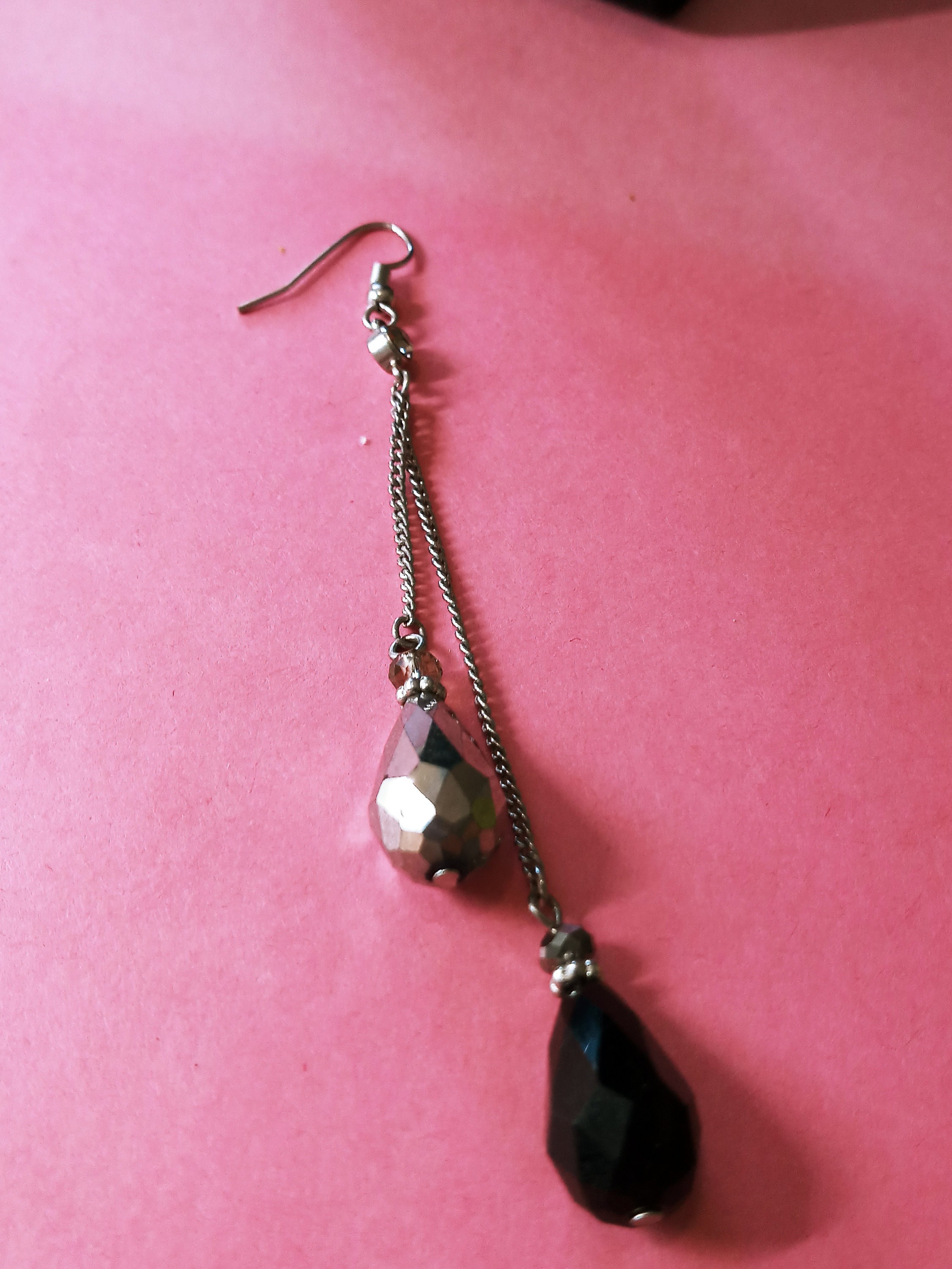 Hand Crafted Pearl and Faceted Black Teardrop Charm Dangle Earrings  Woman's Dangling Earrings  Artisan Made Long Earrings