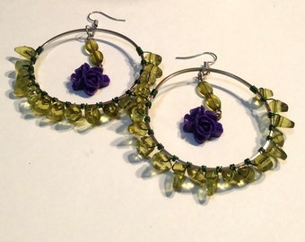 Hand Crafted Green Wire Wrapped Bead and Hanging Purple Flower Dangle Earrings / Dangling Earrings / Hoop Earrings / Spring Earrings