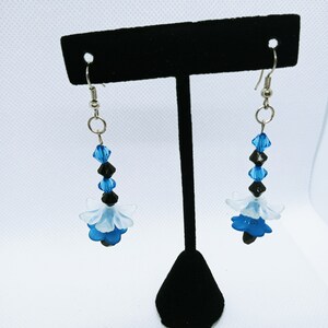 Hand Crafted Black and Blue Tulip Teardrop Charm Dangle Earrings / Woman's Flower Dangling Earrings / Artisan Made Long Earrings