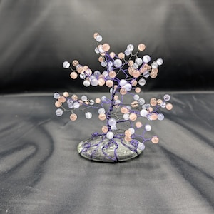 Beaded Tree of Life Sculpture: Glass Cats Eye Beads, Pink & Purple