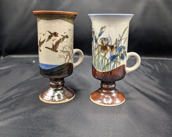 Otagiri Iris Flower and Geese Mug Cup,  Vintage Footed Pedestal Irish Coffee Cups, 2 PK Hand Crafted 5.5&quot;