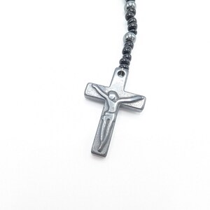 Vintage Black Hematite Beaded Rosary Crucifix Cross Necklace, Religious Medal Chain