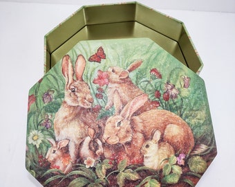 Purdy's Chocolate Tin, Bunny Rabbit Family Collector Box, All around Picture, Jewelry Box, Keepsake Trinket Dish, with Lid