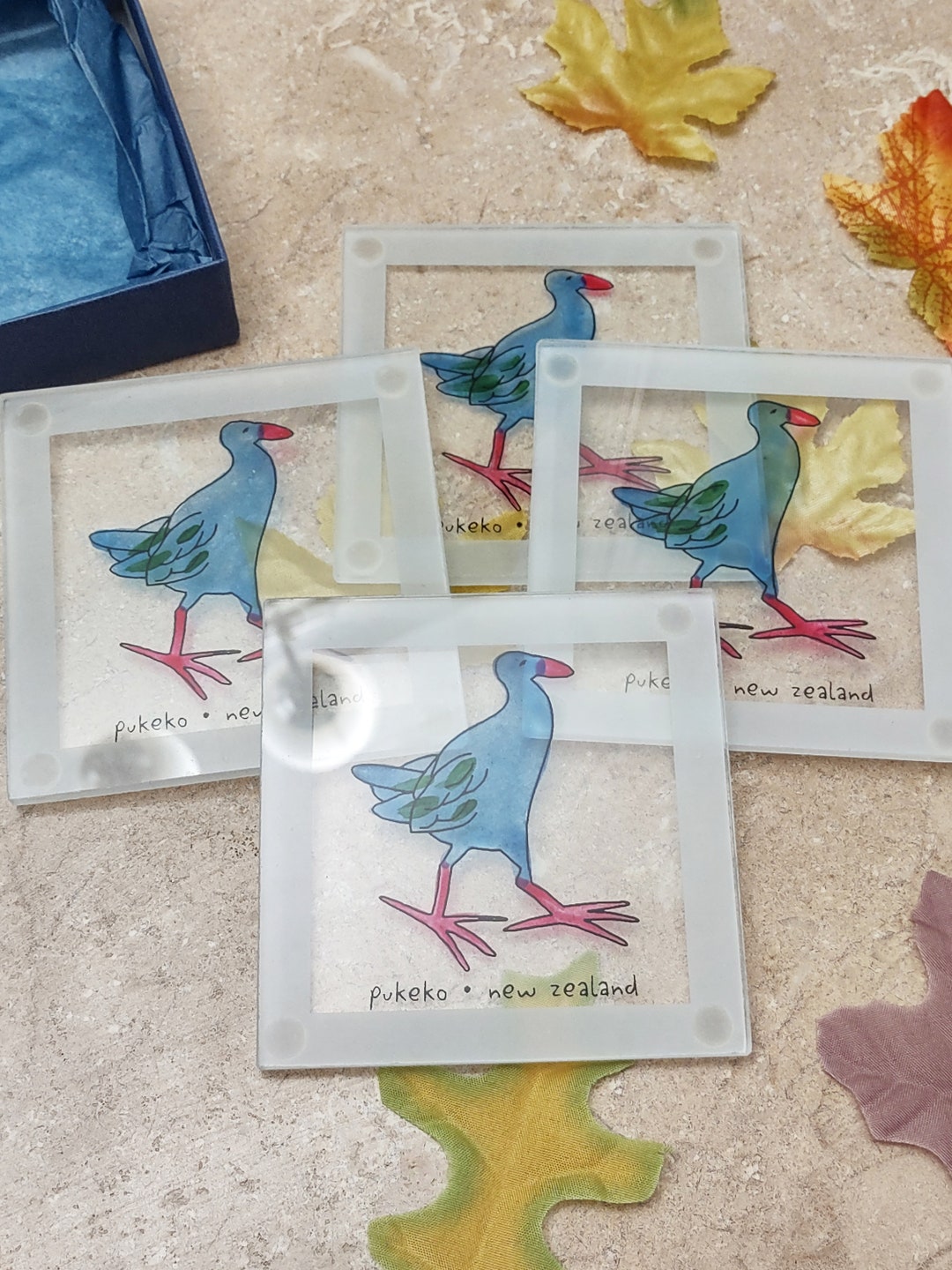 Pukeko Smashing Glass New Zealand Glass Kiwi Coasters in Box. Etsy
