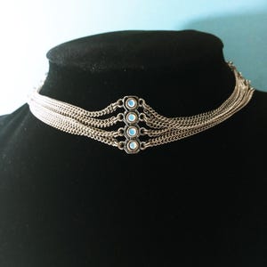 Silver Tone Faux Opal Choker Necklace, Multi Strand Filigree Style Collar Necklace